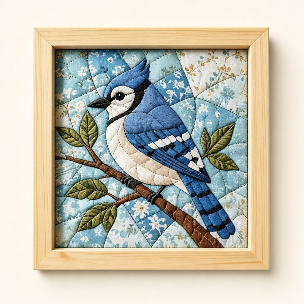 Blue Jay kinusaiga fabric art kit: the finished picture in a natural pine frame