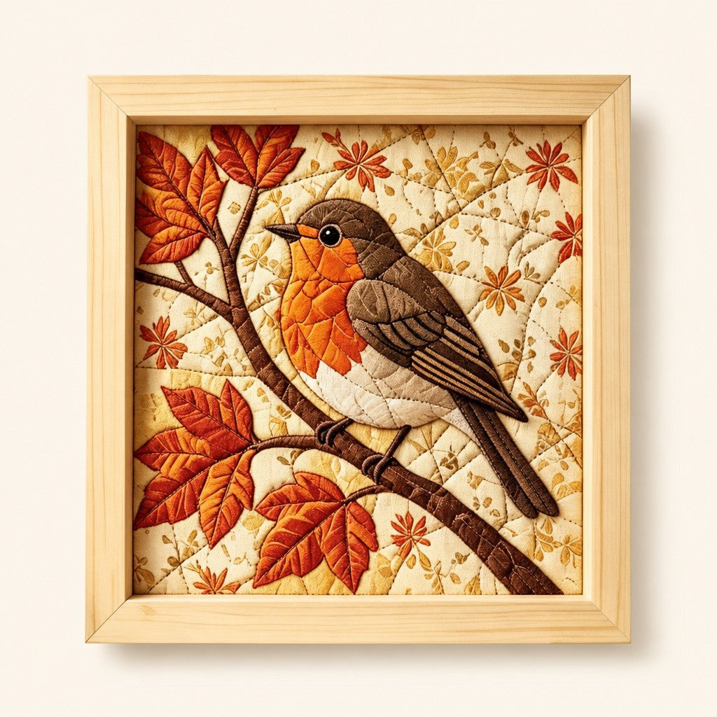 Autumn Songbird kinusaiga fabric art kit: the finished picture in a natural pine frame