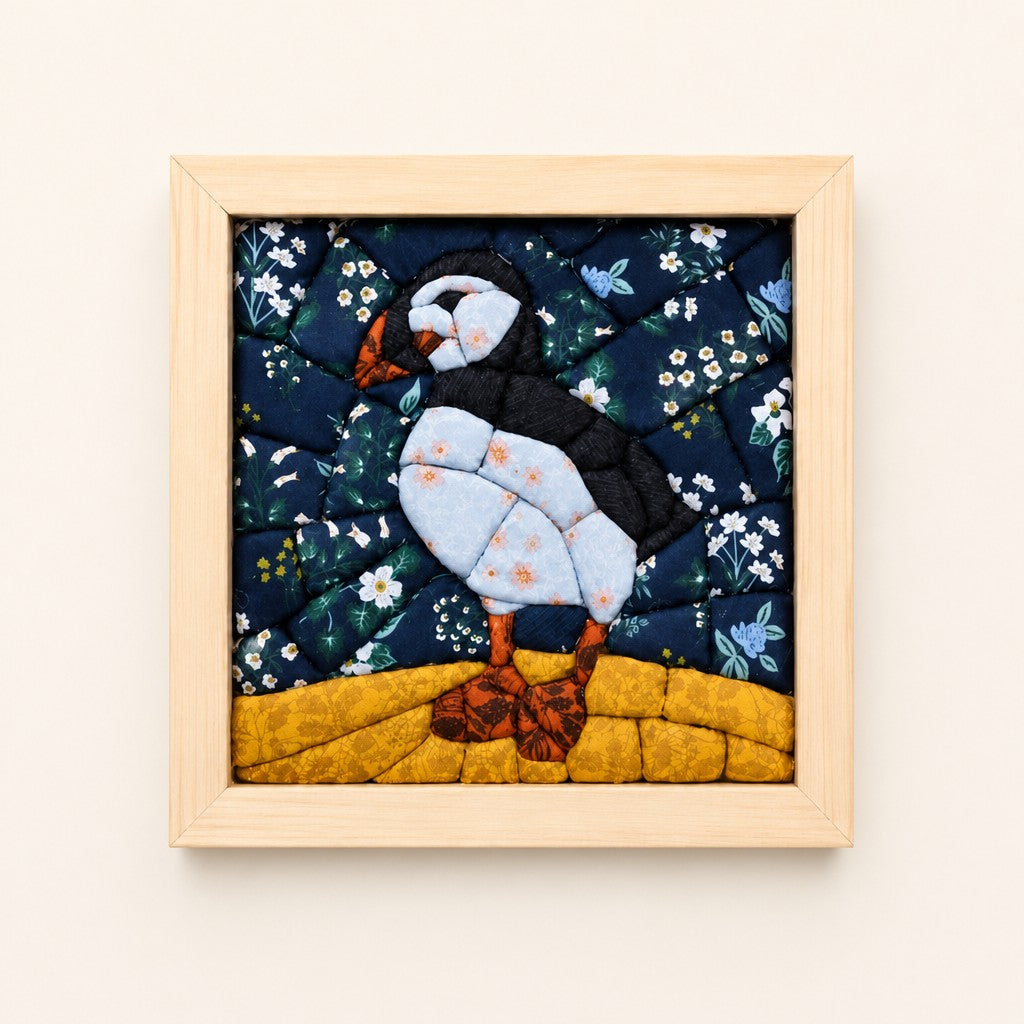 Puffin kinusaiga fabric art kit: the finished picture in a natural pine frame