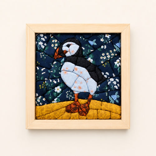 Puffin kinusaiga fabric art kit: the finished picture in a natural pine frame
