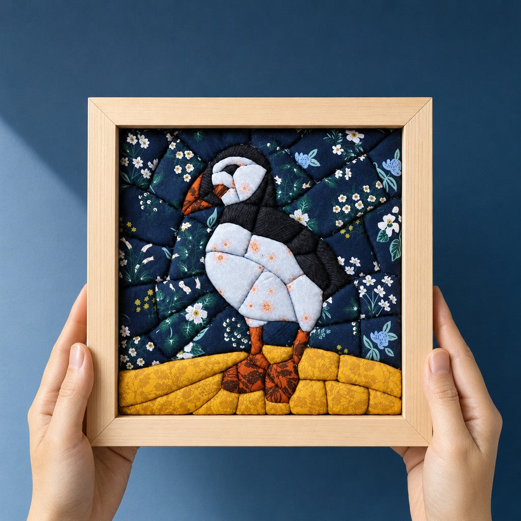Hands holding the finished Puffin kinusaiga fabric picture in a natural pine frame