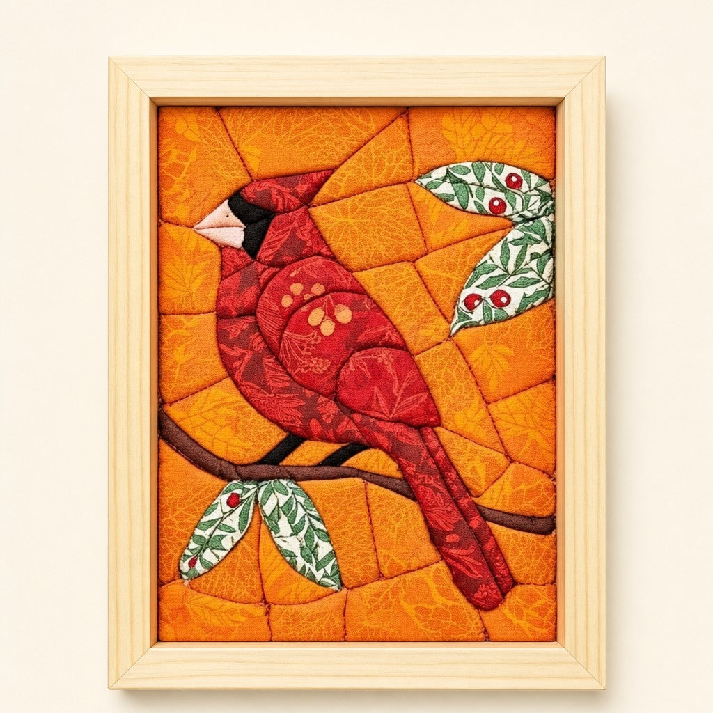 Cardinal kinusaiga fabric art kit: the finished picture in a natural pine frame