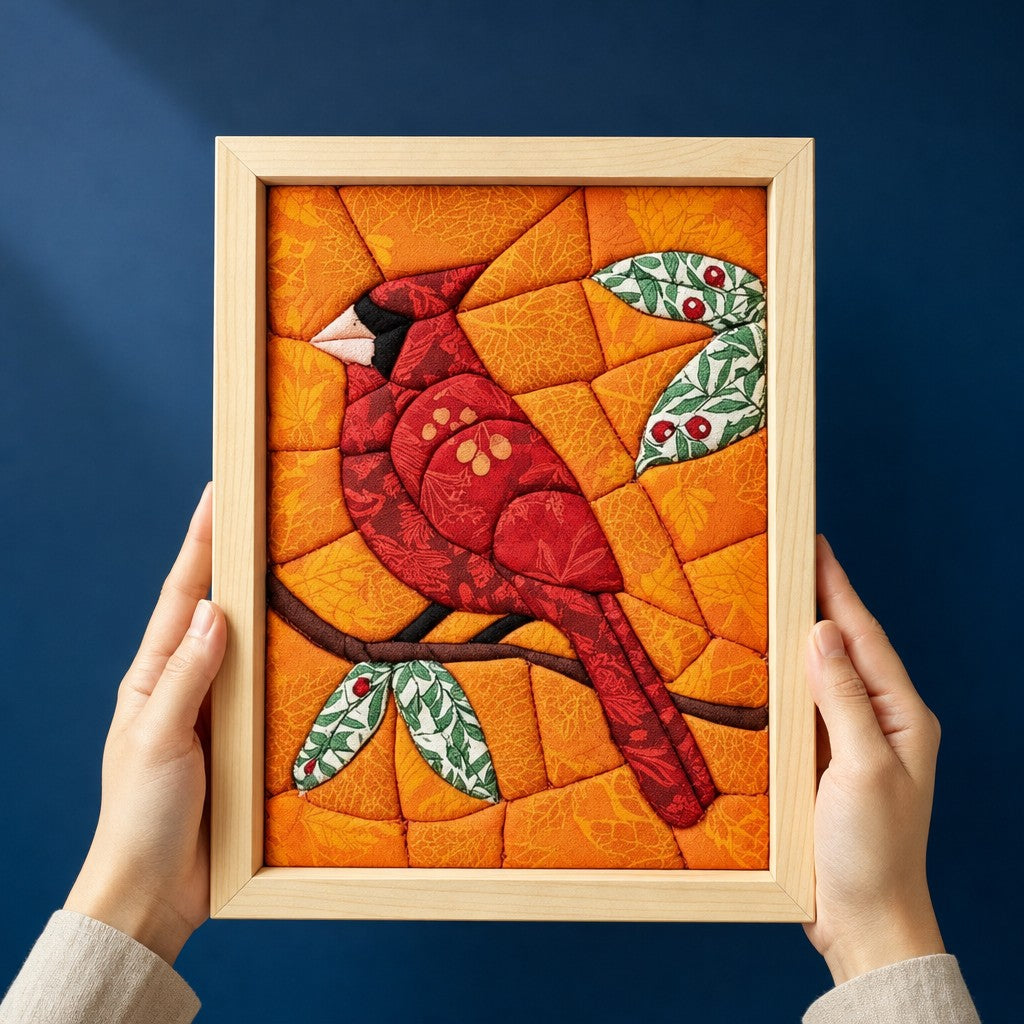 Hands holding the finished Cardinal kinusaiga fabric picture in a natural pine frame