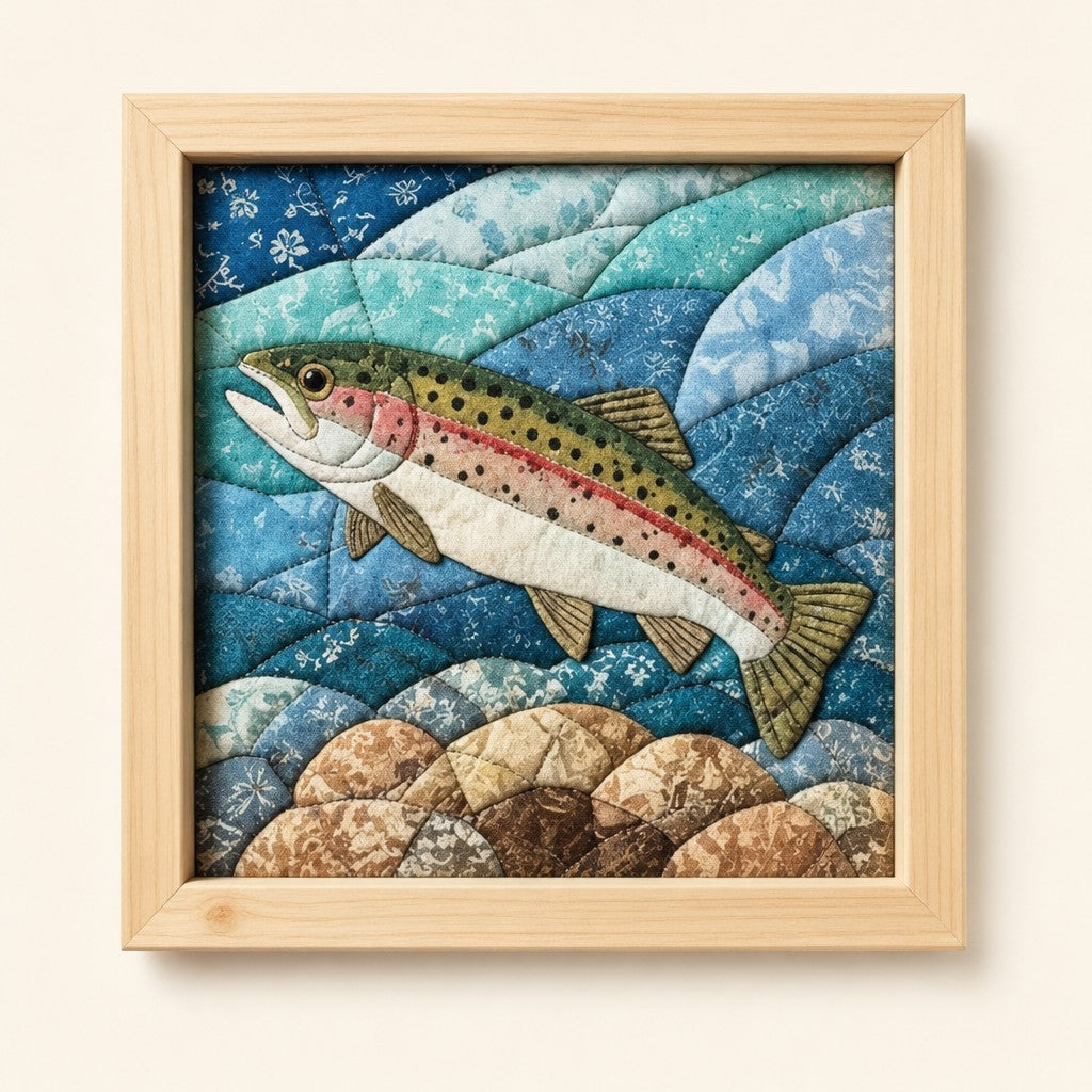 Trout kinusaiga fabric art kit: the finished picture in a natural pine frame