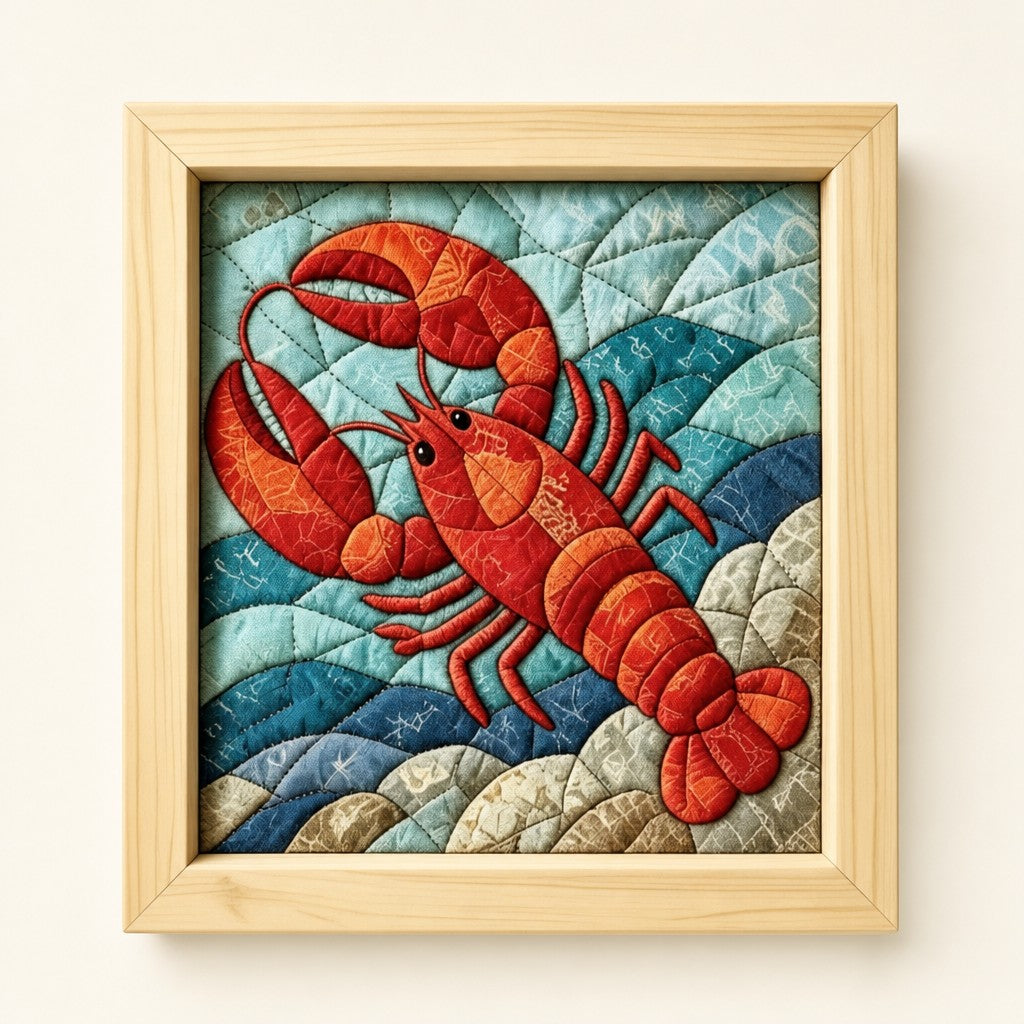 Lobster kinusaiga fabric art kit: the finished picture in a natural pine frame