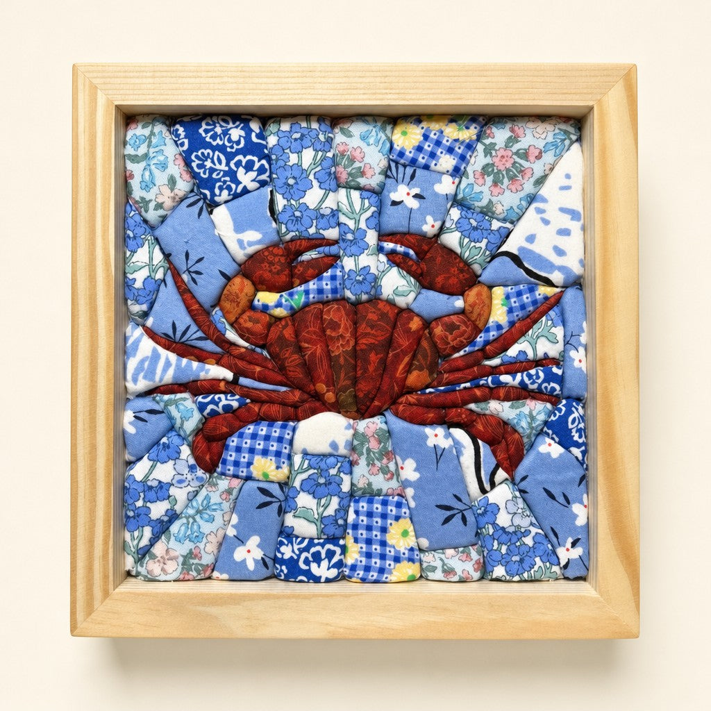 Crab kinusaiga fabric art kit: the finished picture in a natural pine frame