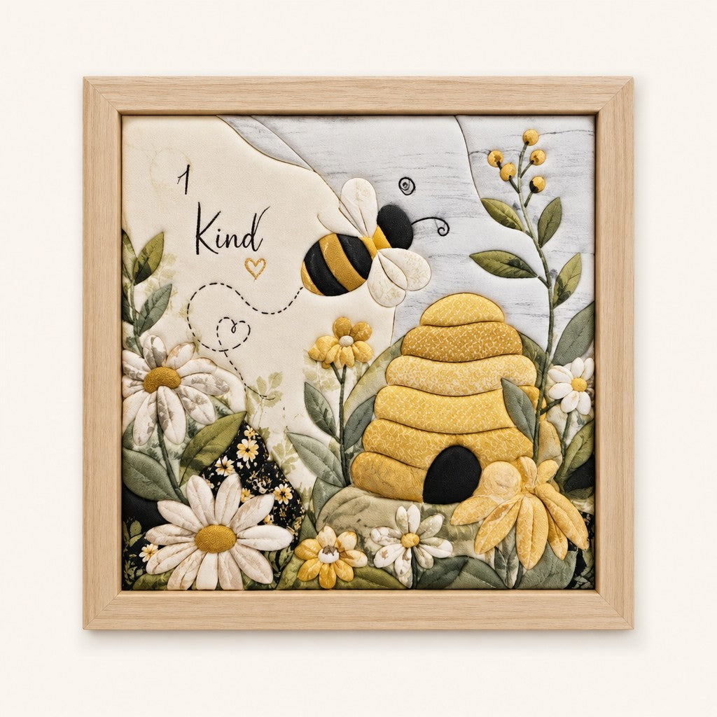 Beehive kinusaiga fabric art kit: the finished picture in a natural pine frame
