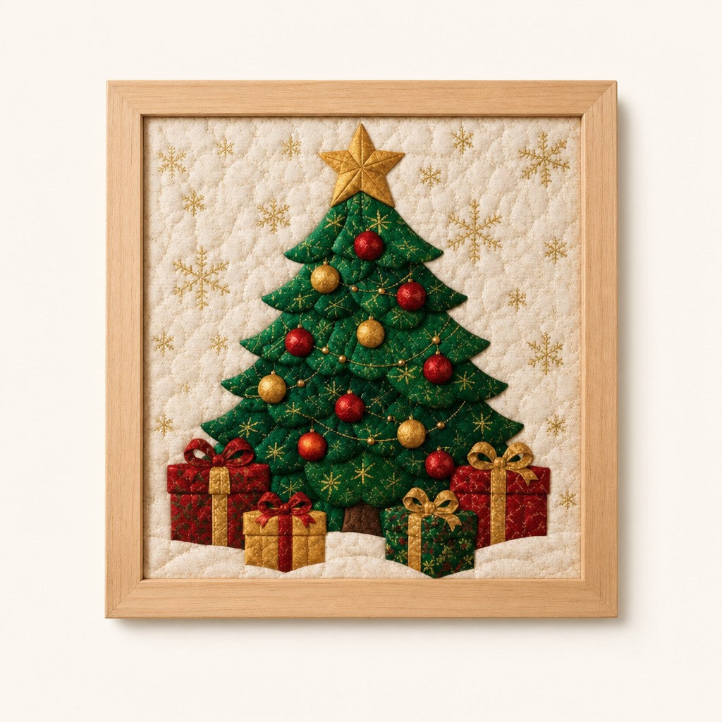 Tree with Gifts kinusaiga fabric art kit: the finished picture in a natural pine frame