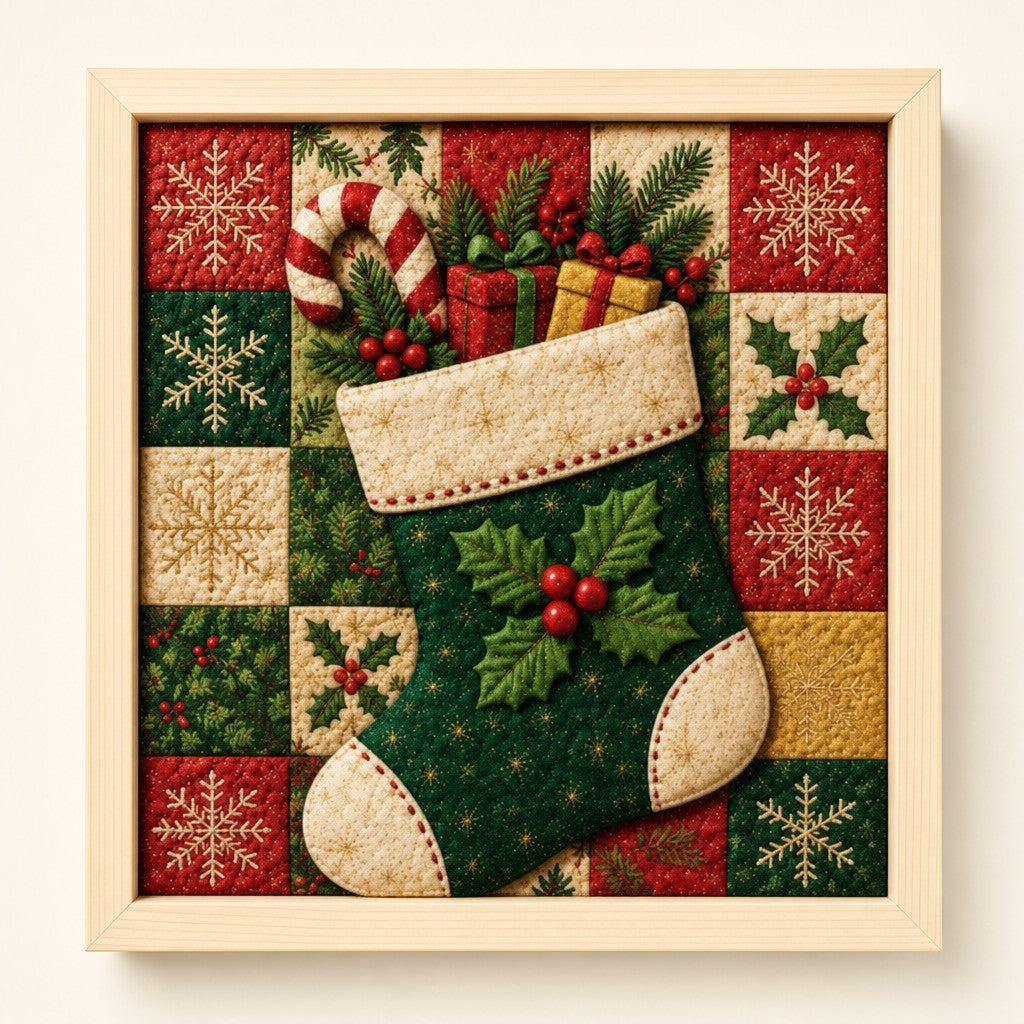 Green Stocking kinusaiga fabric art kit: the finished picture in a natural pine frame