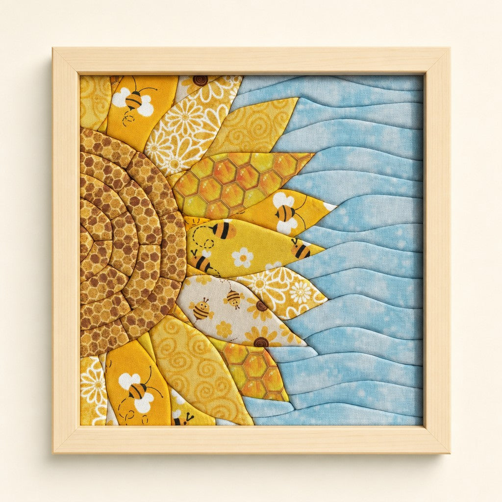 Sunflower kinusaiga fabric art kit: the finished picture in a natural pine frame