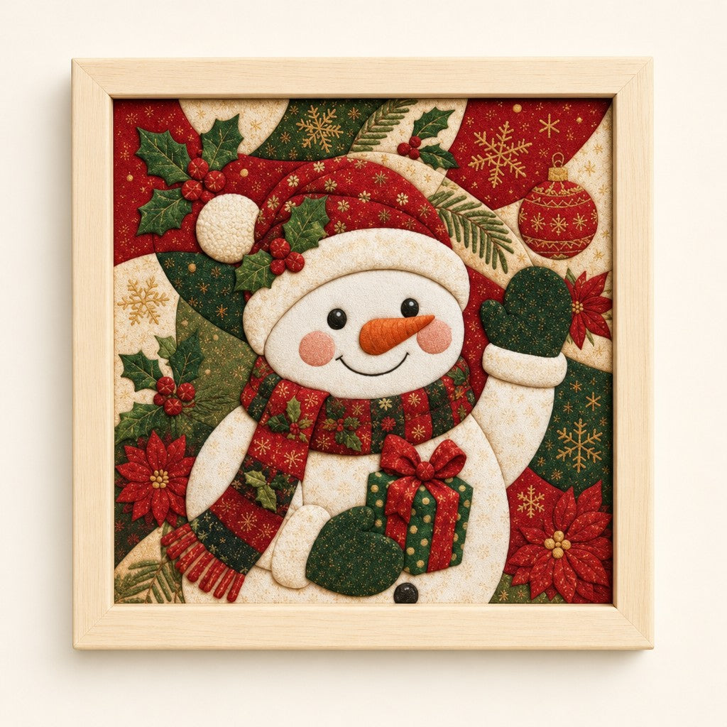 Snowman kinusaiga fabric art kit: the finished picture in a natural pine frame