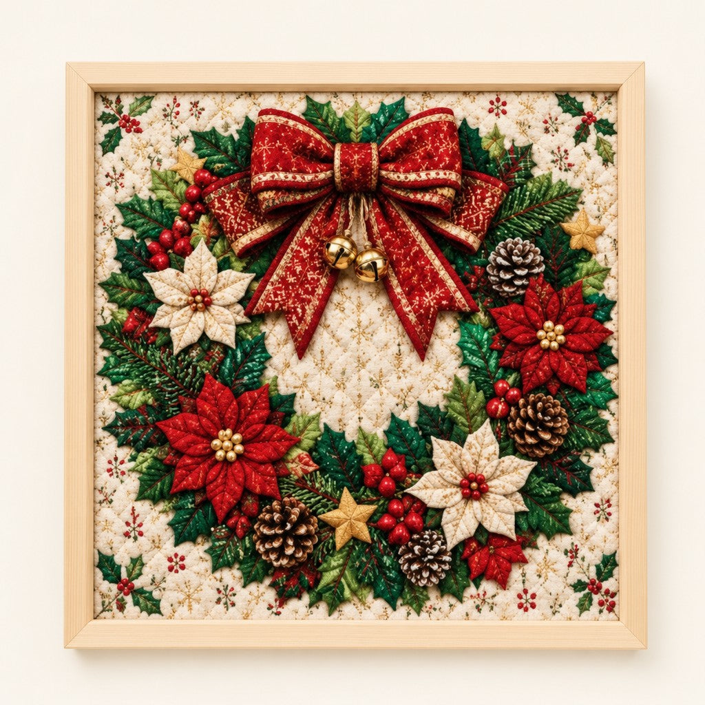 Wreath kinusaiga fabric art kit: the finished picture in a natural pine frame
