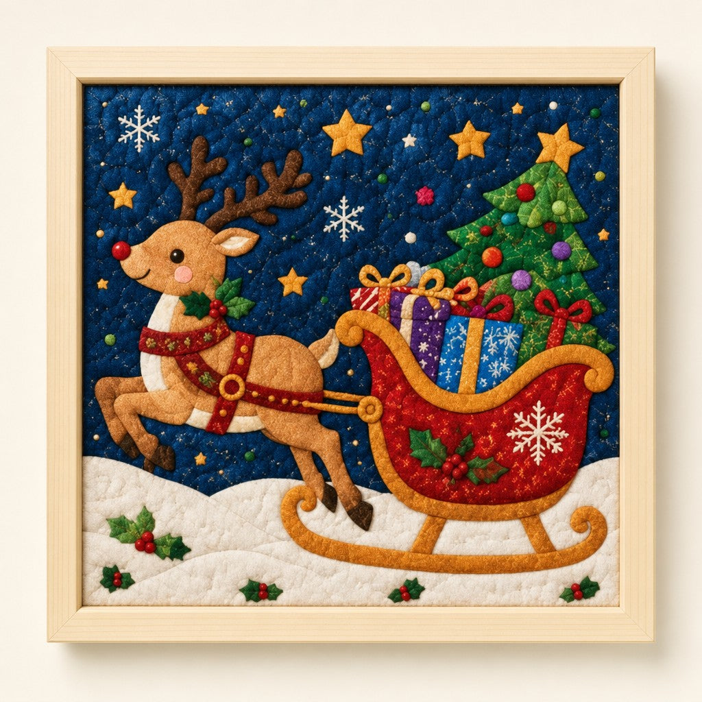 Reindeer kinusaiga fabric art kit: the finished picture in a natural pine frame