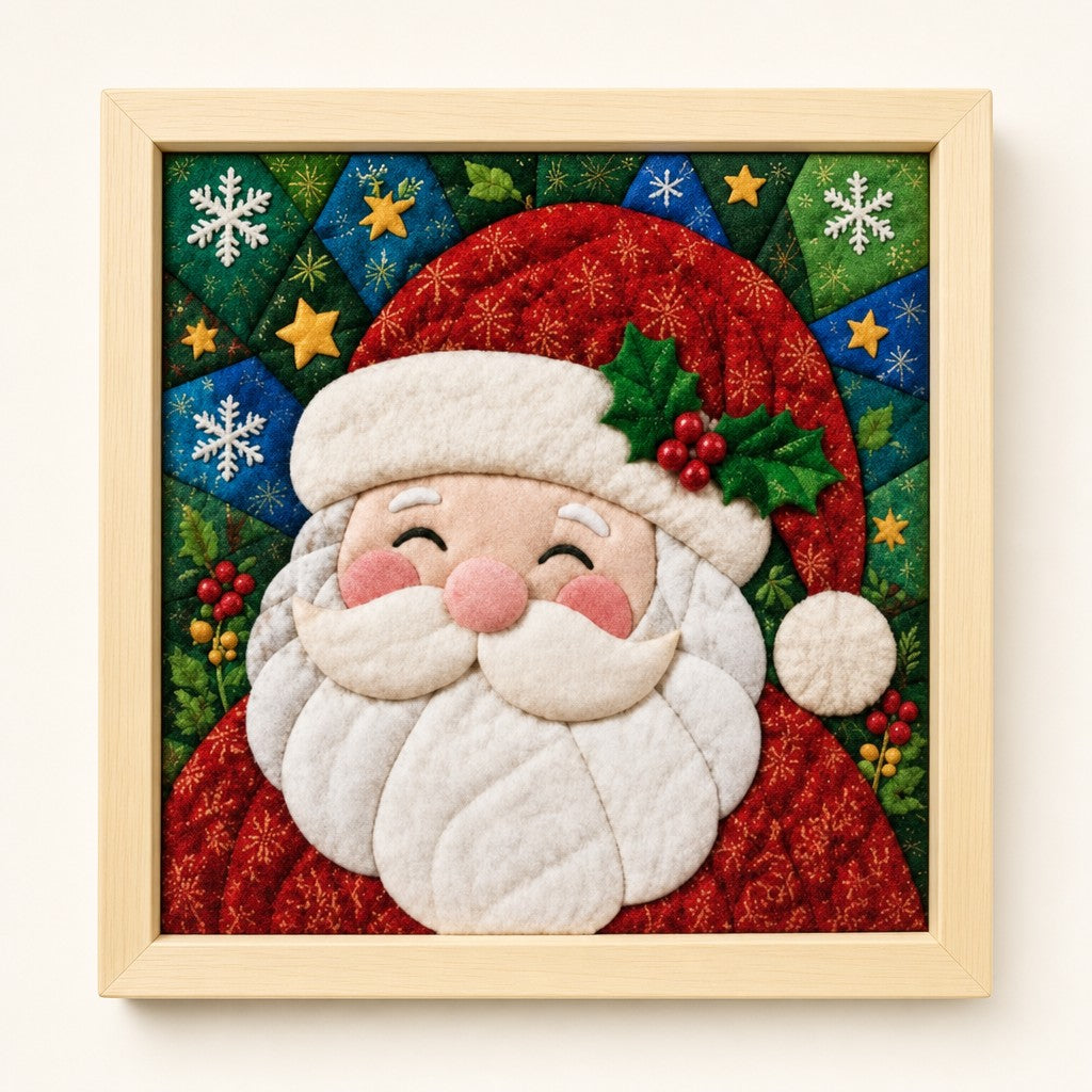 Santa Face kinusaiga fabric art kit: the finished picture in a natural pine frame