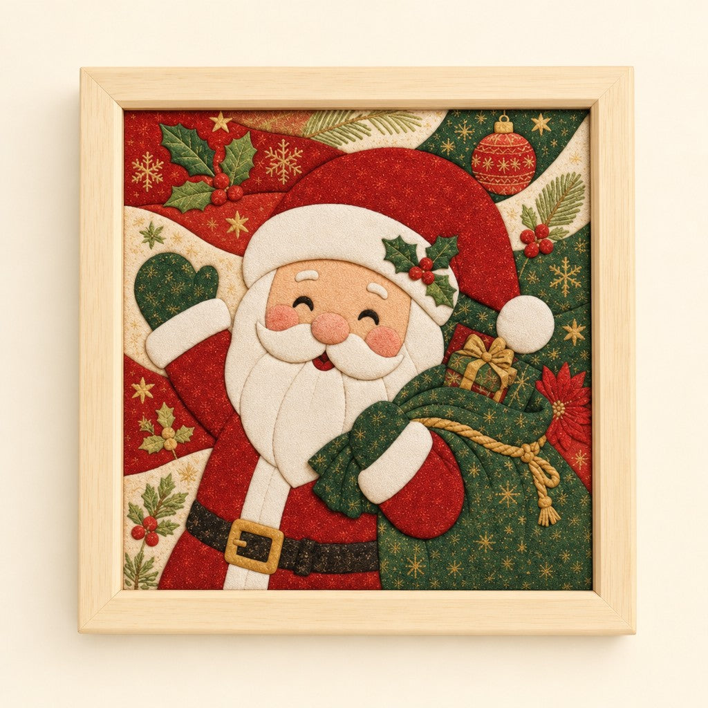 Santa kinusaiga fabric art kit: the finished picture in a natural pine frame