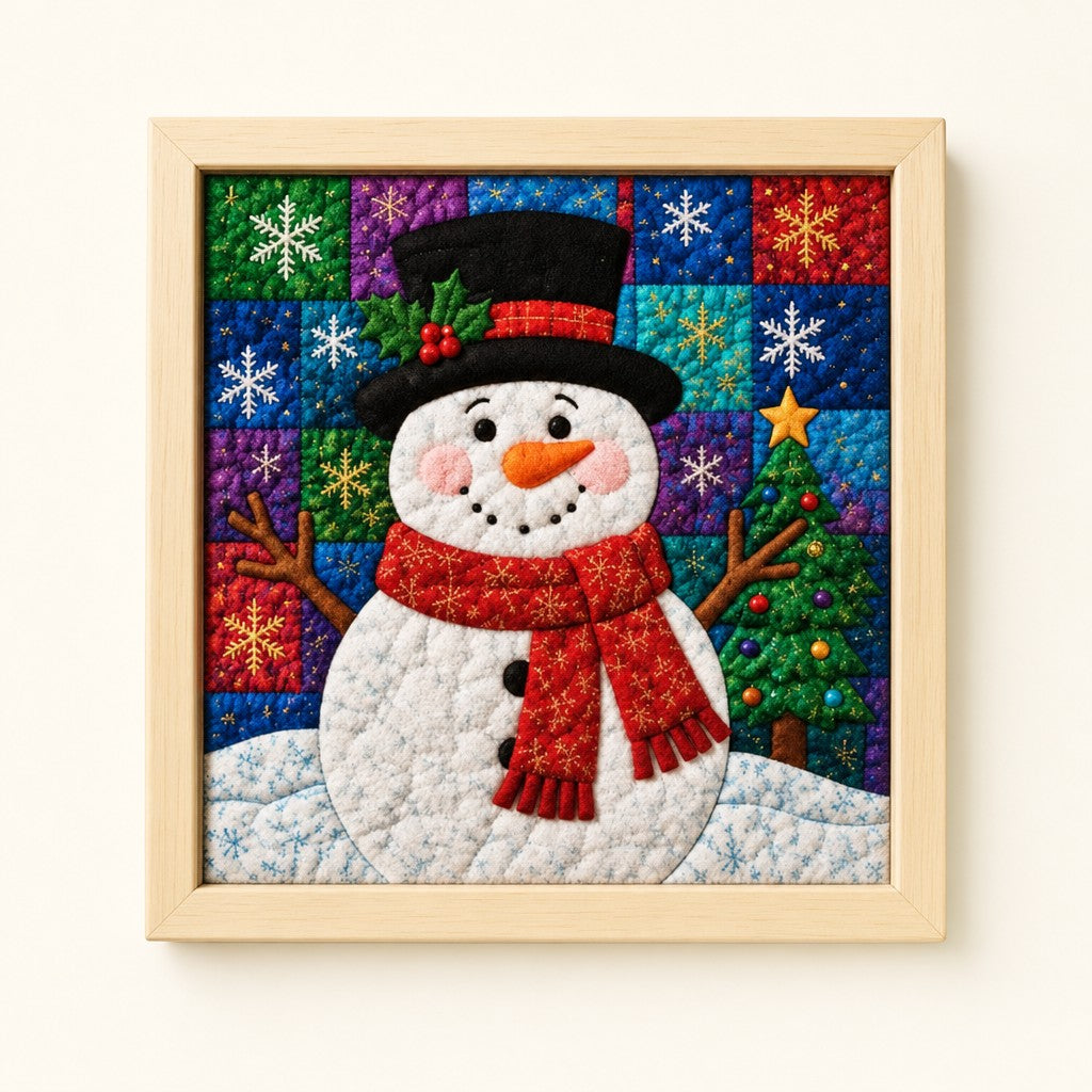 Top-Hat Snowman kinusaiga fabric art kit: the finished picture in a natural pine frame