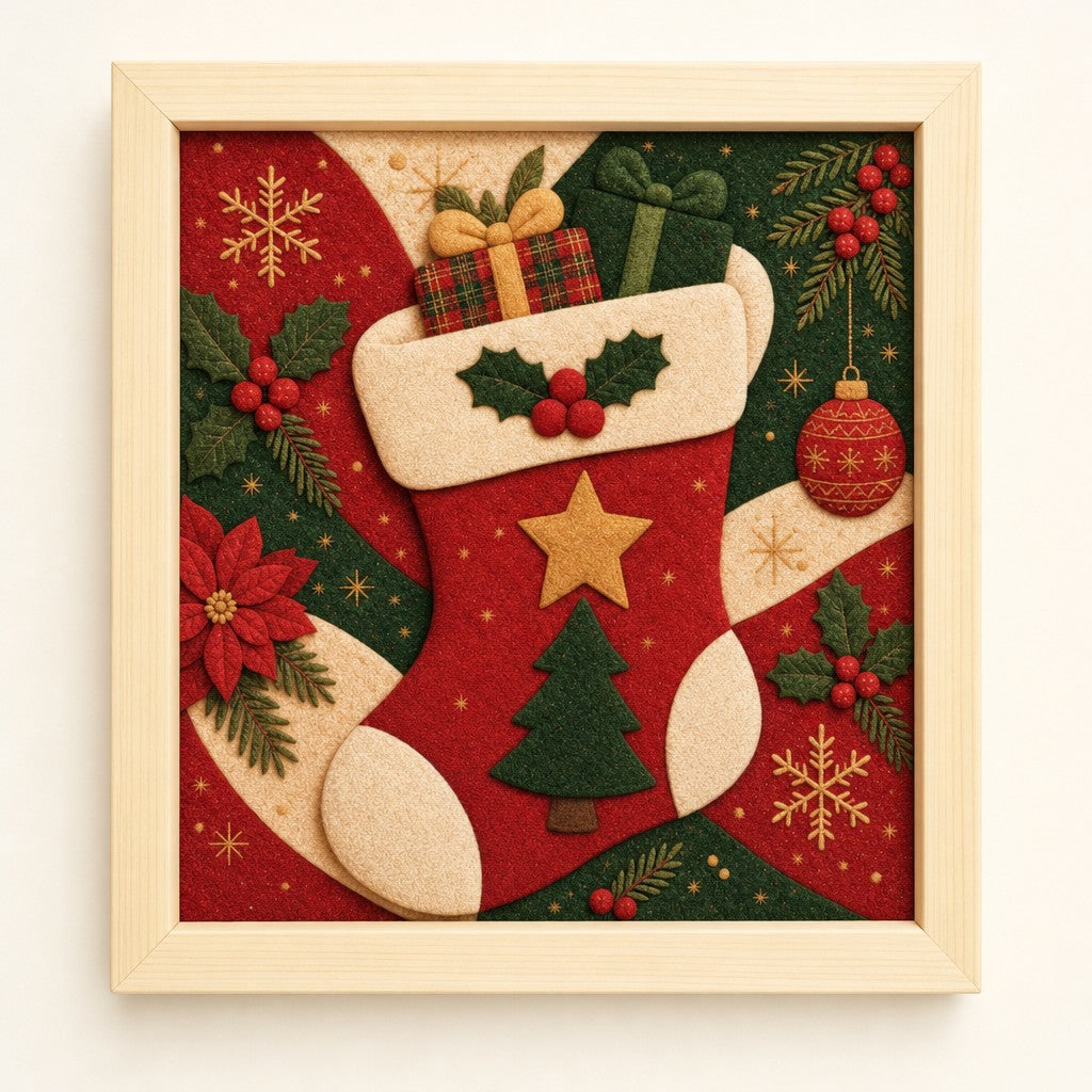 Red Stocking kinusaiga fabric art kit: the finished picture in a natural pine frame