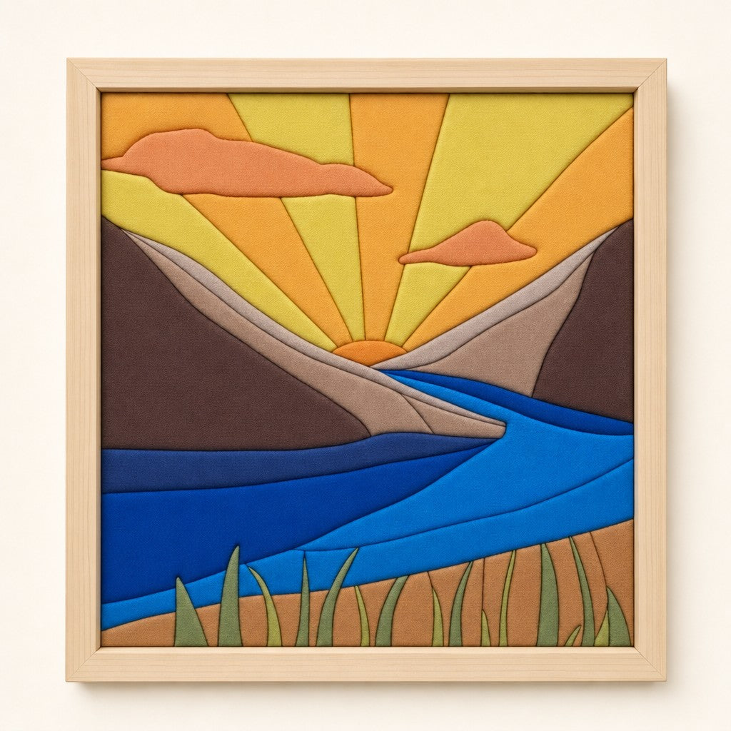 Valley Sunrise kinusaiga fabric art kit: the finished picture in a natural pine frame