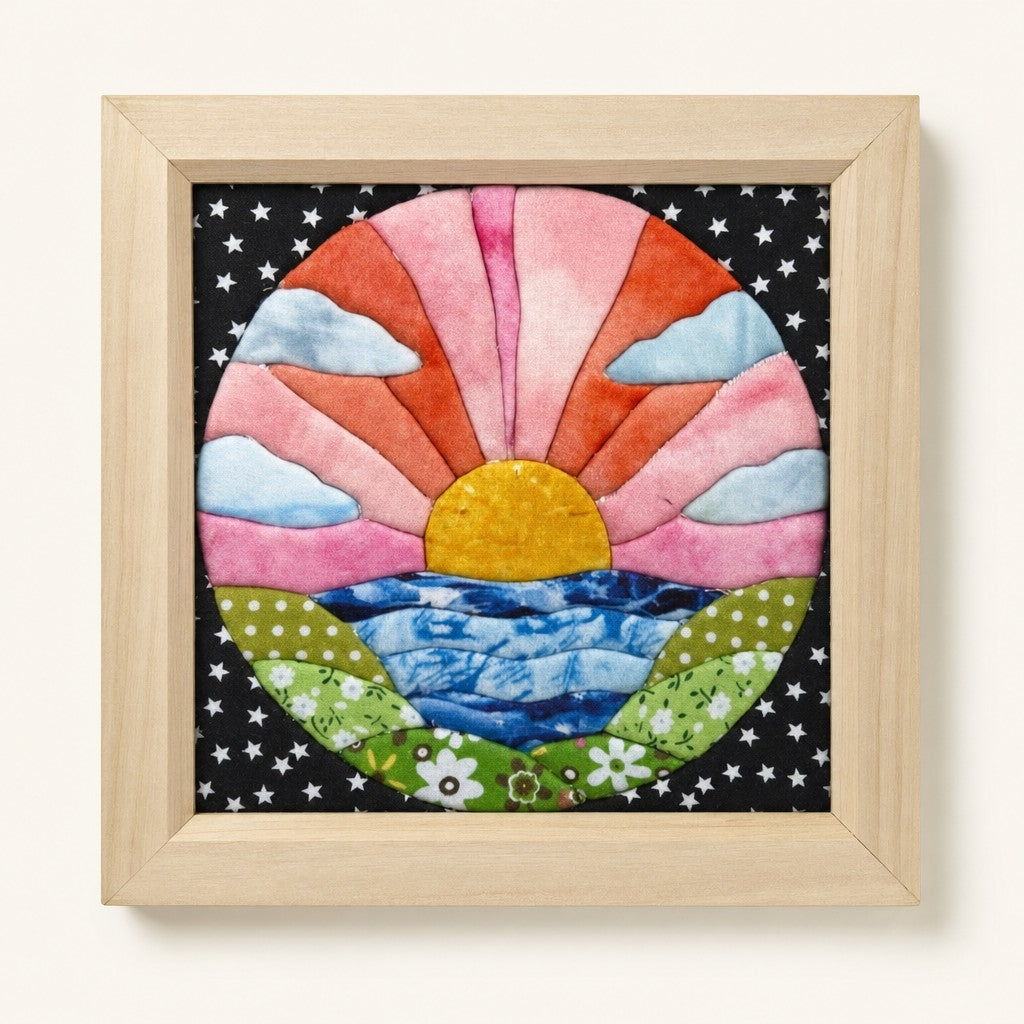 Sunrise kinusaiga fabric art kit: the finished picture in a natural pine frame