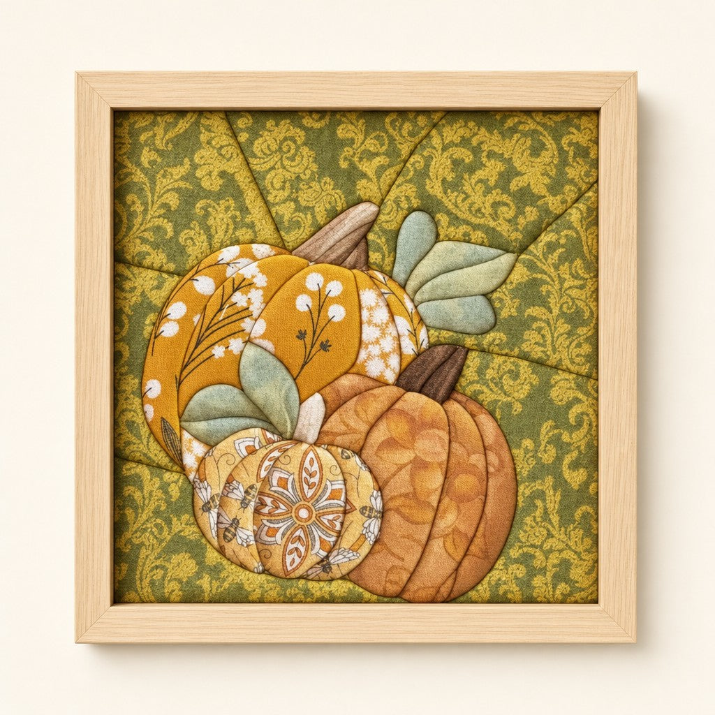 Pumpkin kinusaiga fabric art kit: the finished picture in a natural pine frame