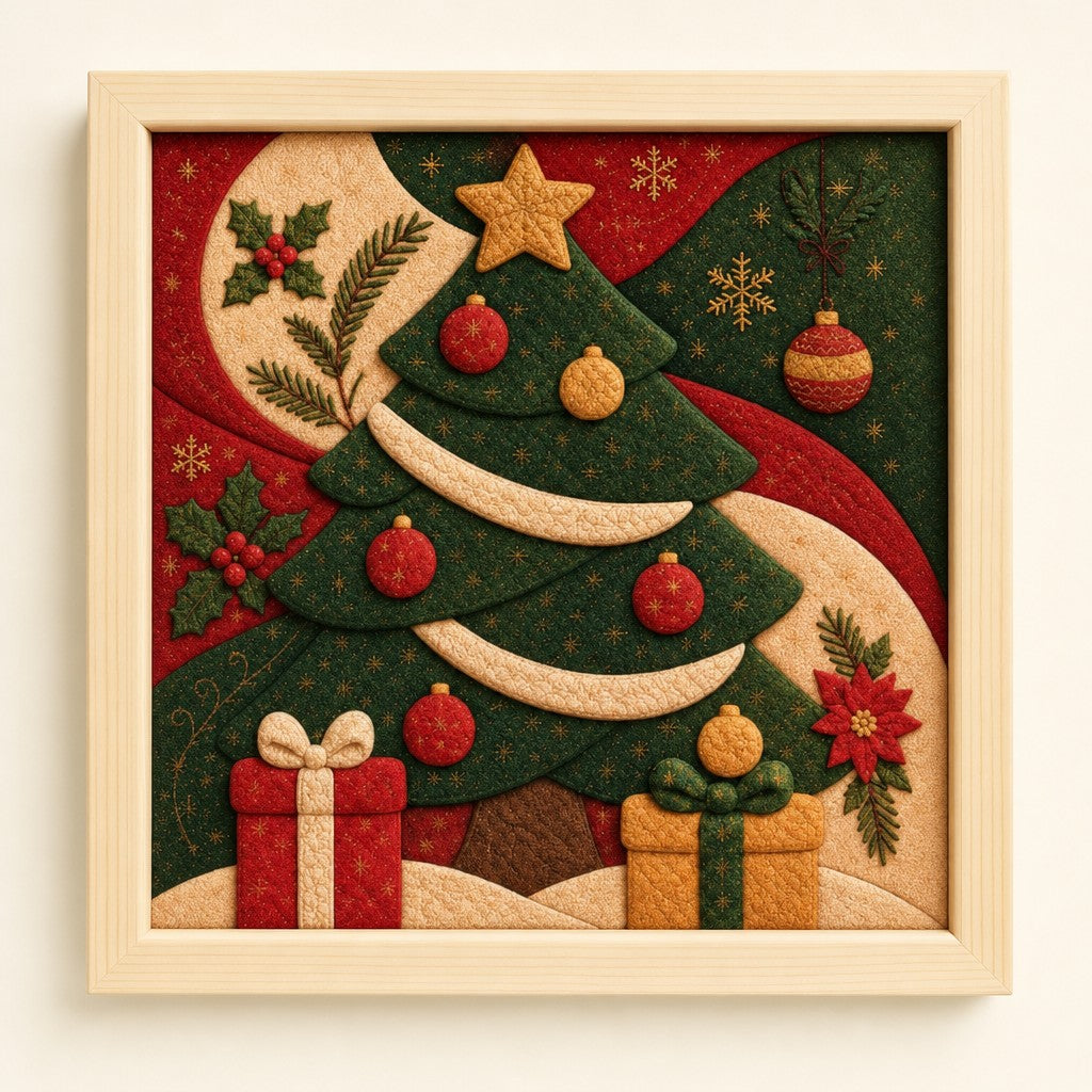 Christmas Tree kinusaiga fabric art kit: the finished picture in a natural pine frame