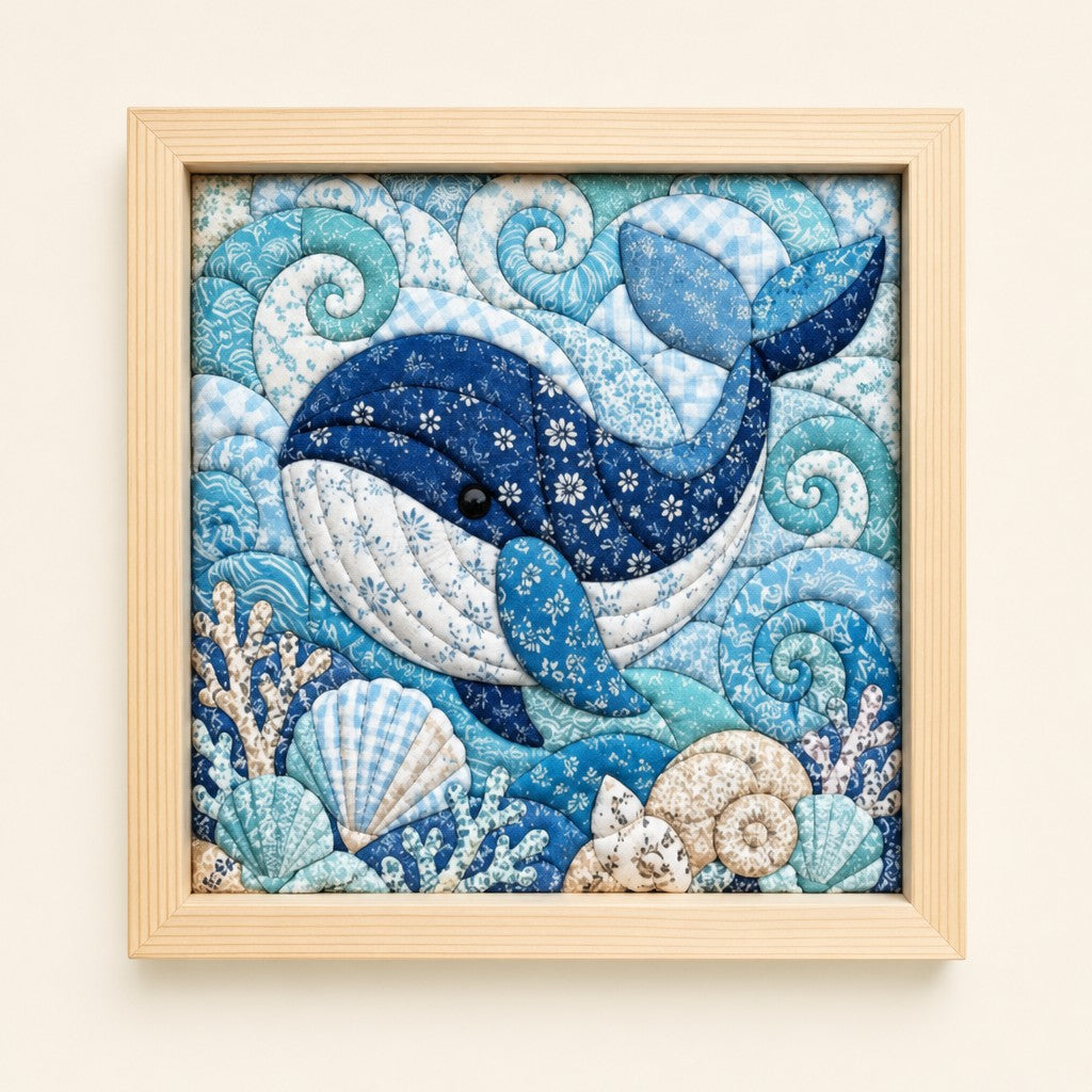 Whale kinusaiga fabric art kit: the finished picture in a natural pine frame