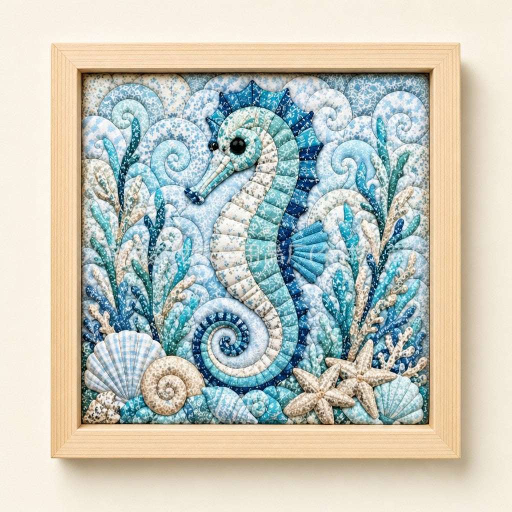 Seahorse kinusaiga fabric art kit: the finished picture in a natural pine frame