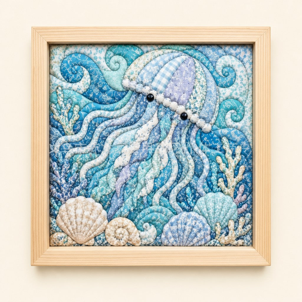Jellyfish kinusaiga fabric art kit: the finished picture in a natural pine frame