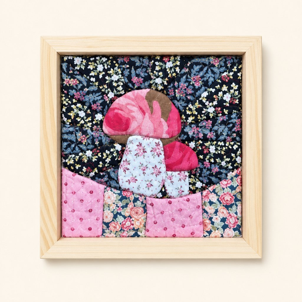 Pink Mushroom kinusaiga fabric art kit: the finished picture in a natural pine frame