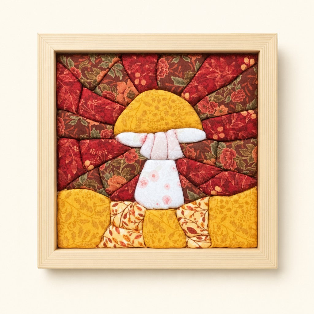 Sunburst Mushroom kinusaiga fabric art kit: the finished picture in a natural pine frame