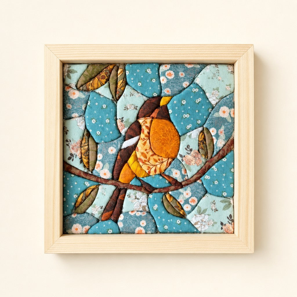 Yellow Songbird kinusaiga fabric art kit: the finished picture in a natural pine frame