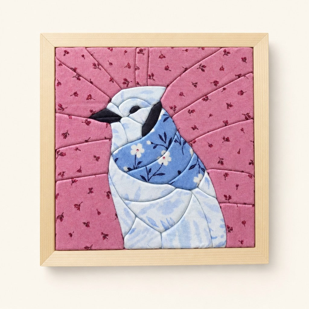 Blue Bird kinusaiga fabric art kit: the finished picture in a natural pine frame