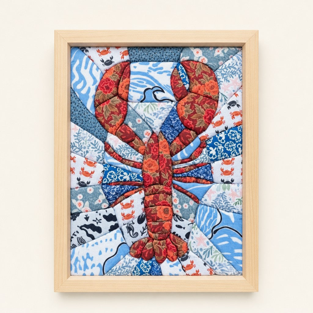 Patchwork Lobster kinusaiga fabric art kit: the finished picture in a natural pine frame