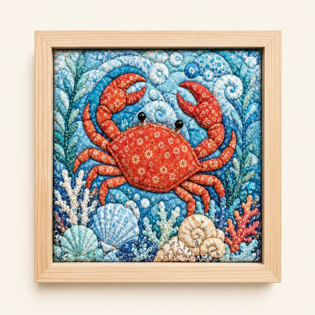 Sea Crab kinusaiga fabric art kit: the finished picture in a natural pine frame