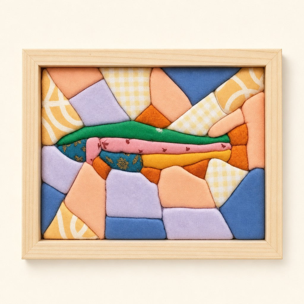 Patchwork Trout kinusaiga fabric art kit: the finished picture in a natural pine frame