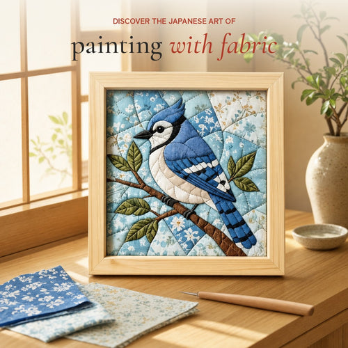 Framed blue jay kinusaiga fabric picture on a sunlit wooden table with fabric scraps and a creasing tool