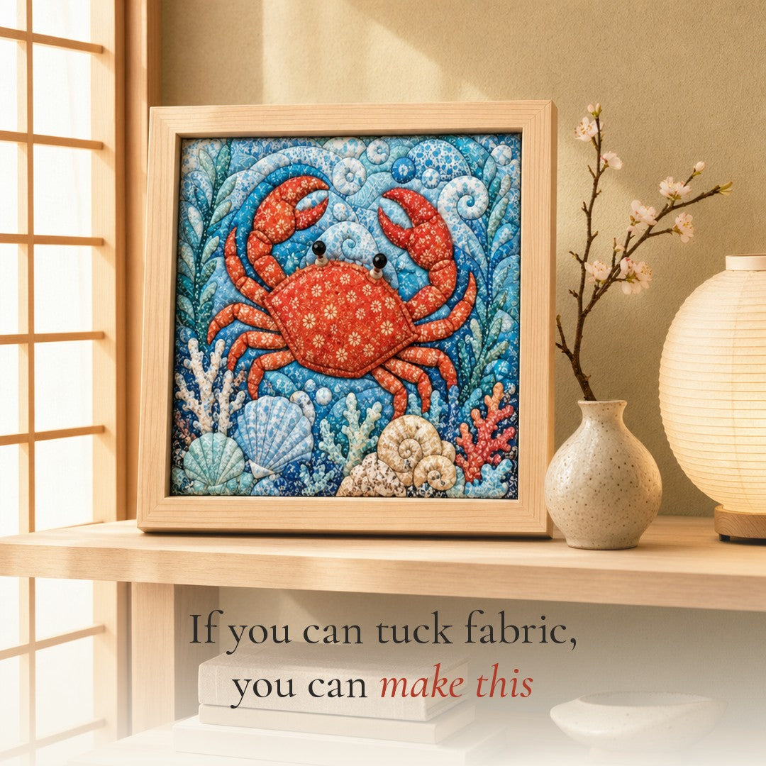 Framed crab kinusaiga fabric picture on a shelf in a calm Japanese-style room