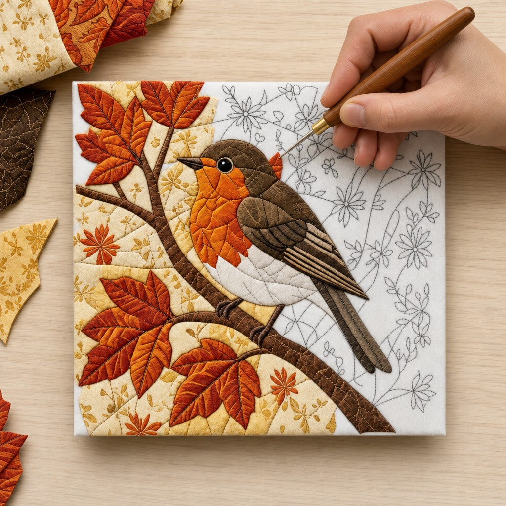 A hand tucking orange fabric into a half-finished robin kinusaiga panel with a wooden creasing tool